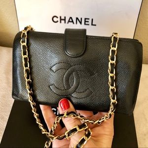 CHANEL Black Leather CC Long Wallet with Chain Aut